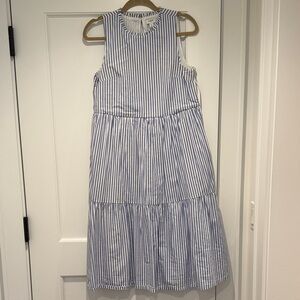 J. Crew Sleeveless Blue and White Striped Tiered Midi Dress